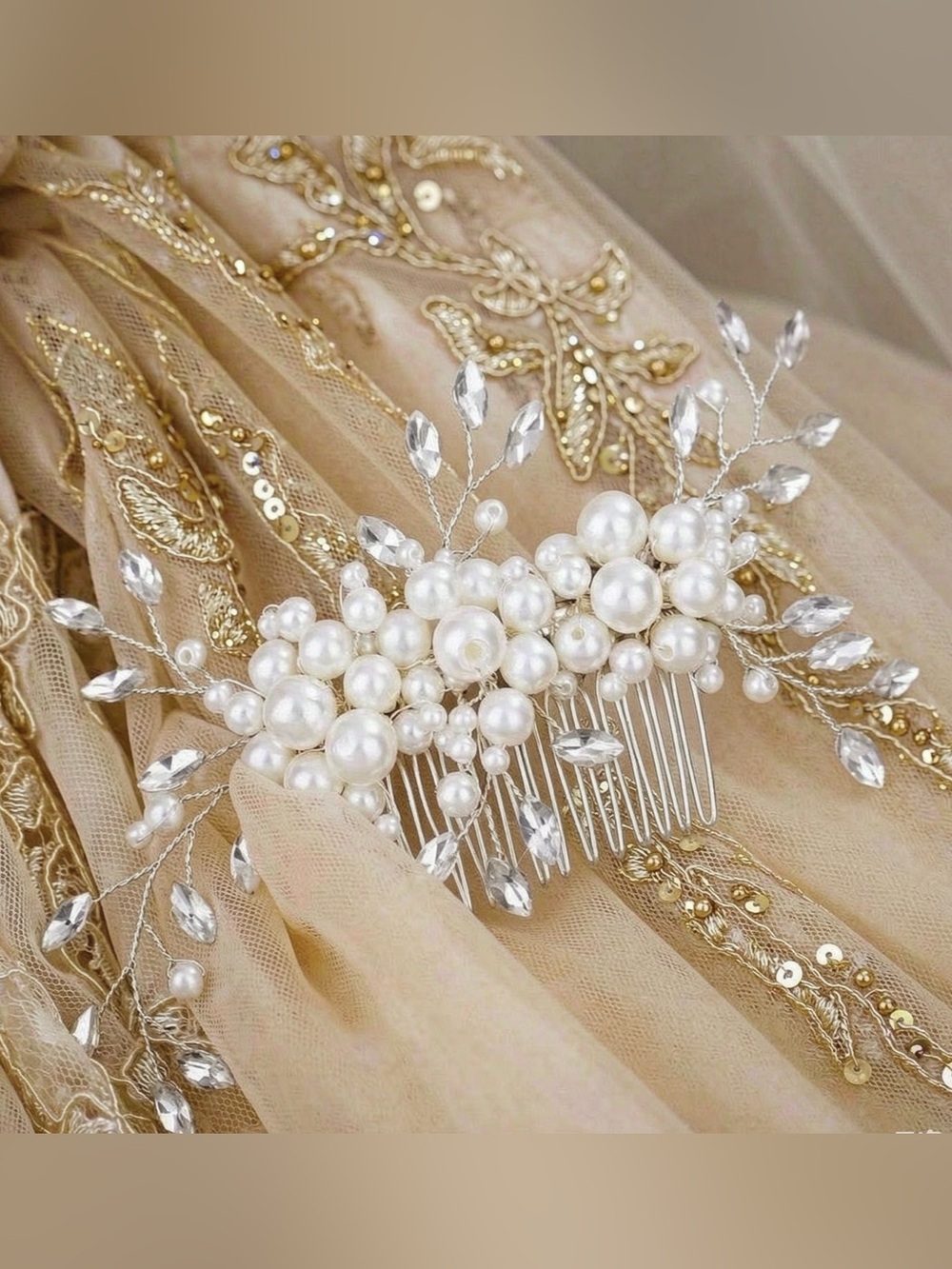 Anthropologie Pearl & Crystal Hair Comb - Ivory & Silver